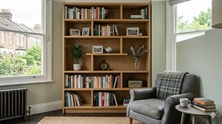 A tall, modern light oak bookcase filled with books and decorative ornaments in a bright British living room. bookcase