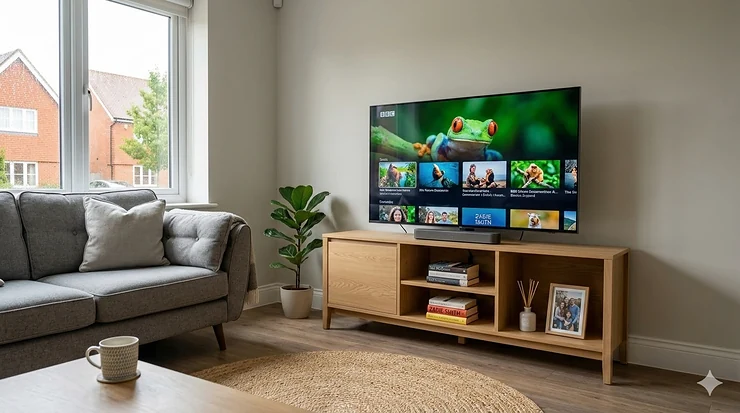 A modern light oak TV stand for a 55 inch TV in a contemporary UK living room setting. TV stand for 55 inch TV