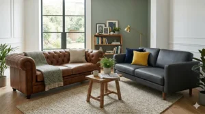 Wide-angle shot of a stylish UK living room featuring a genuine leather settee and a synthetic leather sofa under natural window light.