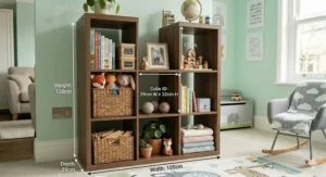 A walnut-effect modular cube shelving unit in a staircase configuration, ideal for under-stairs or sloped-ceiling storage.