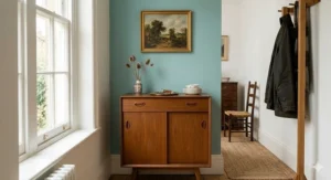A slim white-painted sideboard used as a space-saving storage solution in a narrow hallway with neutral decor.