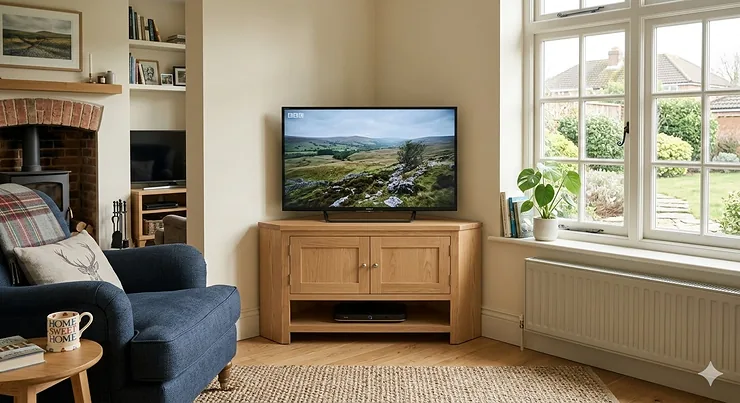 A contemporary light oak corner TV unit positioned in a neutral-toned British living room, styled with a 55-inch television and minimalist decor. corner TV unit