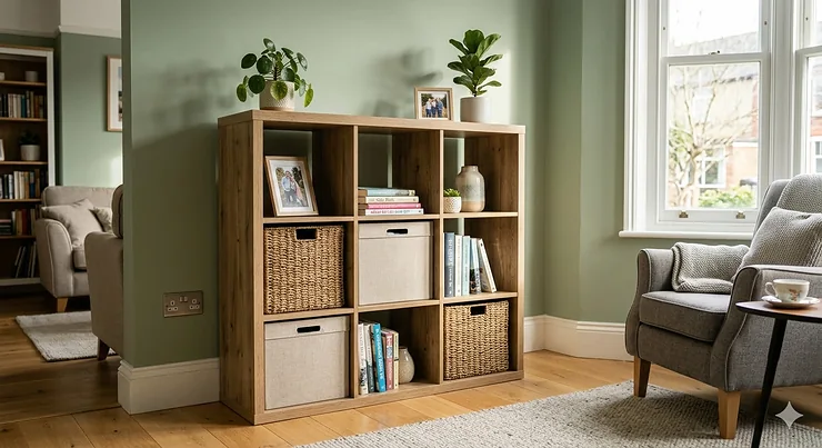 A modern oak-effect cube storage unit styled with books and woven baskets in a naturally lit British living room. cube storage unit