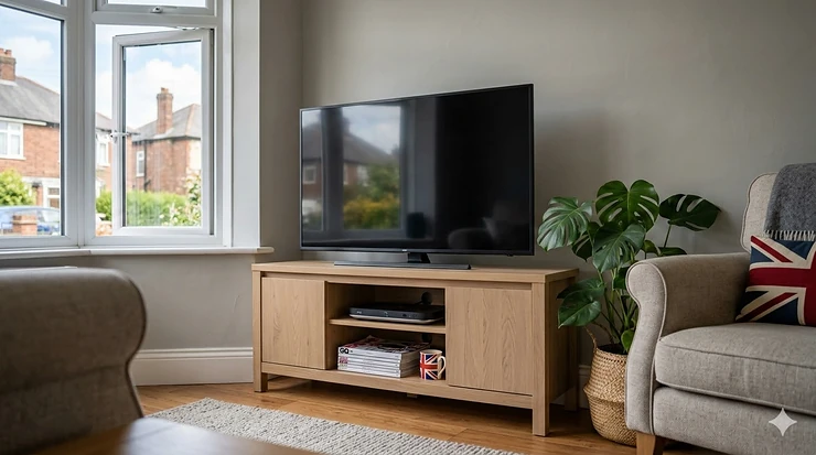 Contemporary light oak TV stand with storage cupboards styled in a modern grey British sitting room. TV stand