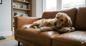A Golden Retriever dog lying comfortably on a tan leather sofa, showing the material's suitability for pet owners.