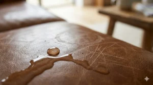 A macro 4K shot of a real leather sofa surface showing natural grain, water beading, and authentic wear-and-tear scratches.