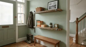 Rustic floating shelves made from reclaimed wood in a British hallway, featuring Wellington boots and a classic front door.