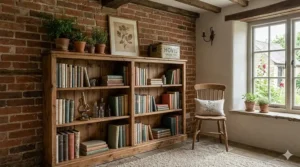 A rustic pine bookcase in a country cottage setting, decorated with potted plants and vintage novels.