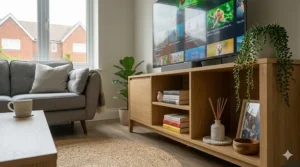 Scandi-style wooden TV unit for a 55 inch TV decorated with indoor plants and books.