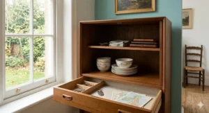 Internal view of a wooden sideboard showing adjustable shelves, neatly stacked dinnerware, and smooth drawer runners.