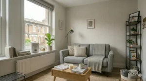 A mid-century style sofa with tapered wooden legs, showing how raised furniture creates an illusion of space in small rooms.