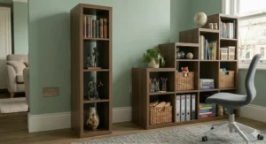 A vertical 4-cube storage tower in a dark wood finish standing next to a modular staircase unit in a UK lounge.