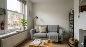 A compact grey L-shaped corner sofa tucked into the corner of a small lounge to maximise floor space.