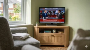 Space-saving corner TV unit in white, ideal for smaller UK flats and terraced house lounges.
