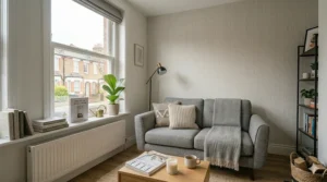 A modern blue fabric sofa bed folded out in a small guest room, showing a practical multi-functional furniture solution.