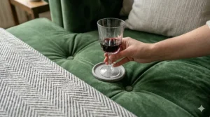 A glass of red wine being held over a stain-resistant pet-friendly sofa fabric to demonstrate spill protection.