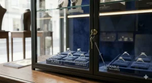 Close-up detail of a glass display cabinet door highlighting the lockable mechanism and toughened safety glass certified to British Standards.