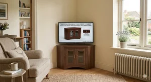 Classic mahogany-finish corner TV cabinet with glass doors and integrated cable management.