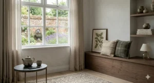 Traditional dark wood wall mounted TV cabinet with glass-fronted storage and classic British styling.