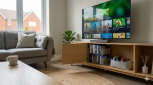 A sleek white TV cabinet for a 55 inch TV featuring soft-close drawers for media storage.