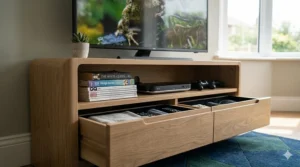 Close-up of a TV cabinet with deep drawers and adjustable shelves for storing gaming consoles and remote controls.