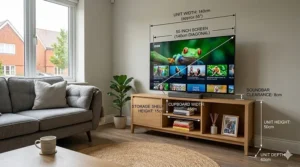 Illustration showing the width and depth dimensions of a TV stand for a 55 inch TV screen.