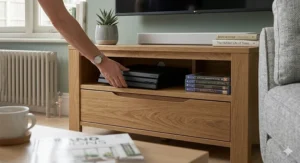 Close-up of a wooden TV stand for a 65 inch TV with deep drawers for storing media consoles and remote controls.