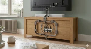 Rear view illustration of a wooden TV unit for a 65 inch TV featuring integrated cable management and UK power plugs.