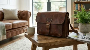 A weathered real leather satchel on a rustic wooden table next to a copy of The Guardian newspaper, illustrating natural leather patina.