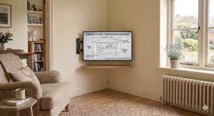 Minimalist floating corner TV shelf in a light wood finish, creating an airy feel in a small lounge.