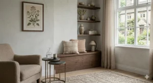 Close-up of a wall mounted TV unit showing hidden cable management for a tidy and organised lounge setup.