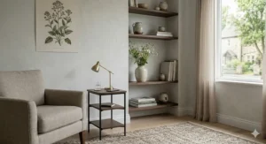 Minimalist white wall mounted media unit positioned neatly below a large flat-screen television.