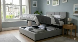 Side-lifting upholstered ottoman double bed providing extra storage space for under £300.
