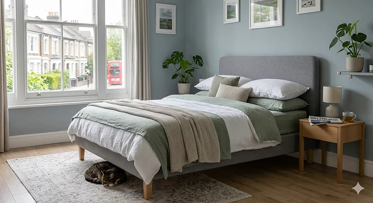 A stylish, modern grey upholstered double bed frame styled with green bedding, featuring a sash window with a view of a London bus, suitable for a budget of under £300 in the UK. affordable double beds under £300