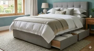 A grey fabric divan double bed featuring two integrated storage drawers and a matching contemporary headboard.