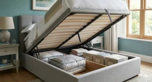 An ottoman double bed frame lifted to reveal spacious under-bed storage, ideal for UK homes with limited space.