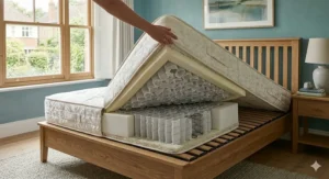 A high-quality pocket sprung mattress positioned on a sturdy wooden double bed base.