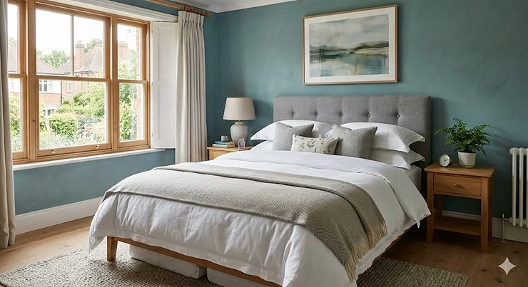 A luxury upholstered double bed with a buttoned headboard and high-quality duvet in a modern British master bedroom. best double beds