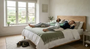 Illustration of side and back sleeping positions on a king size mattress to reduce pressure on the spine.