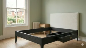 A grey fabric king size divan bed featuring two integrated storage drawers for a clutter-free room.