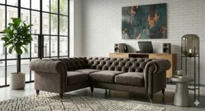 Close-up of the iconic deep-buttoned upholstery and diamond patterns on a genuine leather Chesterfield sofa.