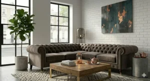 Detailed view of a Chesterfield sofa's elegant scrolled arm featuring hand-applied brass studding.