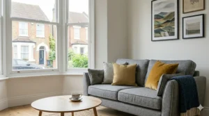 A compact two-seater grey sofa ideal for small flats or narrow sitting rooms.