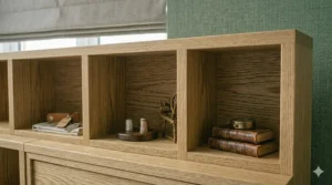 A contemporary double bed frame without a footboard to allow for better flow and movement in a small bedroom.