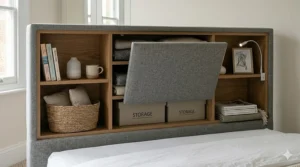A photorealistic close-up illustration of the headboard of a grey upholstered double bed. The wooden slatted compartment door is closed, revealing integrated shelves featuring curated books, a small ceramic diffuser, and a minimalist bedside lamp.
