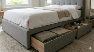 A photorealistic, detailed illustration of a grey upholstered double bed, viewed from the foot. Two drawers are pulled out from the side, revealing neatly folded bed linen and textiles inside, showcasing the alternative storage solution.