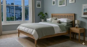 Graphic highlighting affordable double beds available with quick home delivery across the UK.