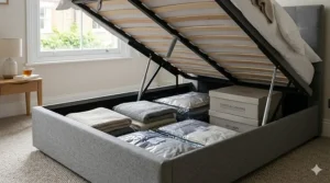 A close-up, highly detailed photorealistic illustration of the gas-lift mechanism on a grey upholstered ottoman double bed, showing the mattress platform raised to reveal an organised storage compartment filled with blankets and boxes.