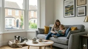 A family-friendly grey sofa made from durable, easy-clean fabric in a home setting.