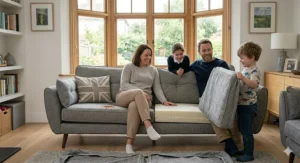 Illustration of children playing safely on a sturdy, easy-to-wipe settee.